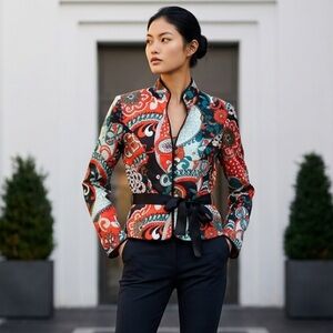 JS Collections 100% silk vintage paisley kimono Style button down jacket